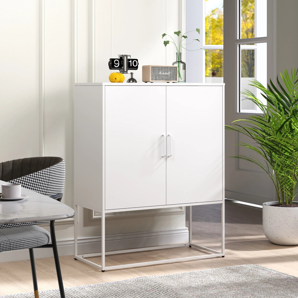 Credenza e madia in metallo con ante magnetiche e 2 ripiani, per cucina e soggiorno, bianco, 85 × 40 × 109 cm