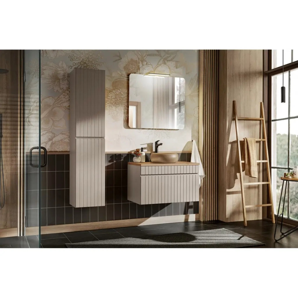 Set ICON: mobile sotto lavabo 80cm + piano per lavabo + lavabo rotondo da appoggio + specchio + lampada LED + colonna