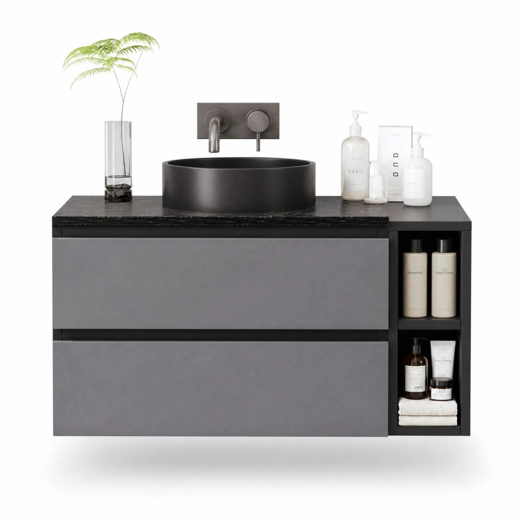 Mobile bagno con lavabo rotondo in ceramica e piano in marmo; nero e grigio