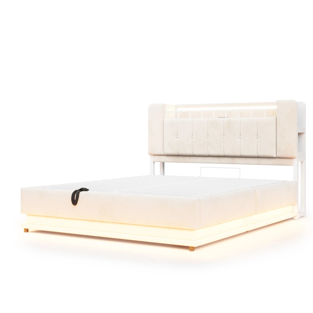 Letto matrimoniale imbottito 160x200 cm con LED; porte USB e contenitore idraulico; beige