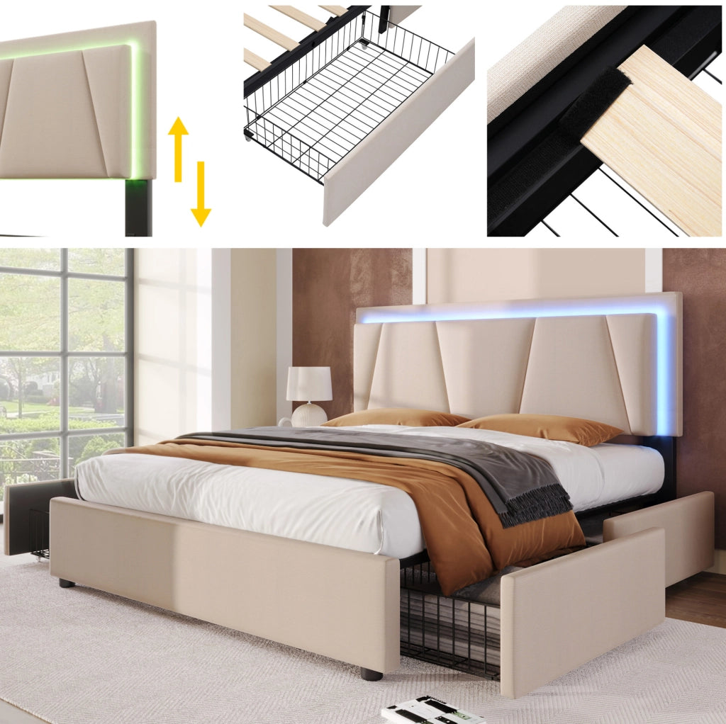 Letto imbottito 140x200 cm con LED; 4 cassetti e testiera regolabile beige