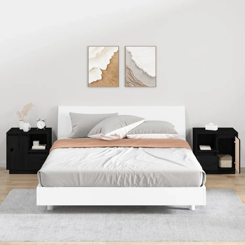 Set di 2 Comodini | Armadio da Notte | Mobiletto da notte Neri 50x34x50 cm in Legno Massello di Pino