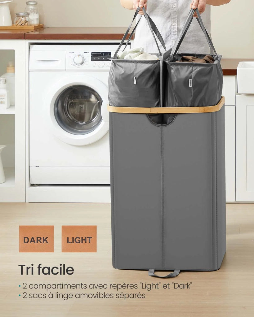 Cesto portabiancheria a 2 scomparti 150 litri contenitore per biancheria sporca con coperchio e sacchetti rimovibili per lavanderia camera da letto soggiorno grigio 12_0006663