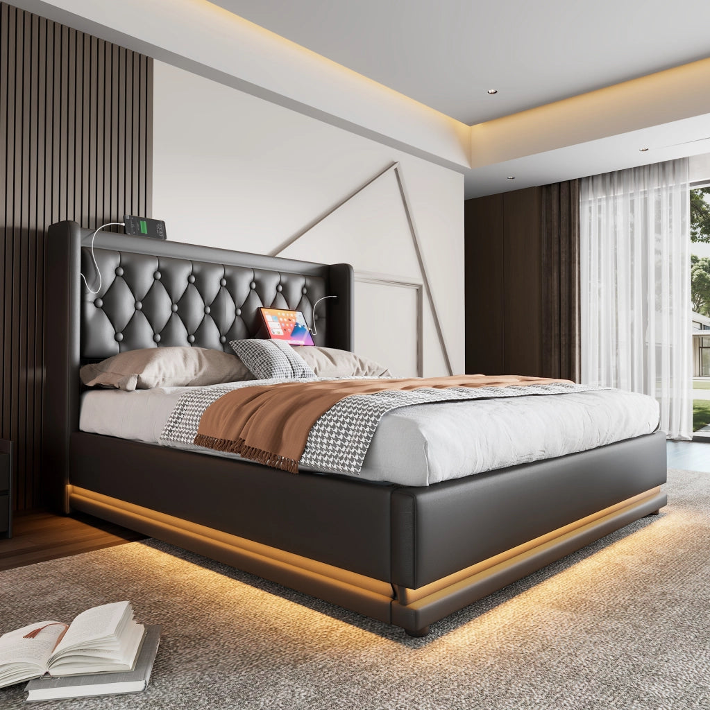 Letto matrimoniale 140x200 cm con contenitore; LED a 3 lati; USB e Type-C; PU nero