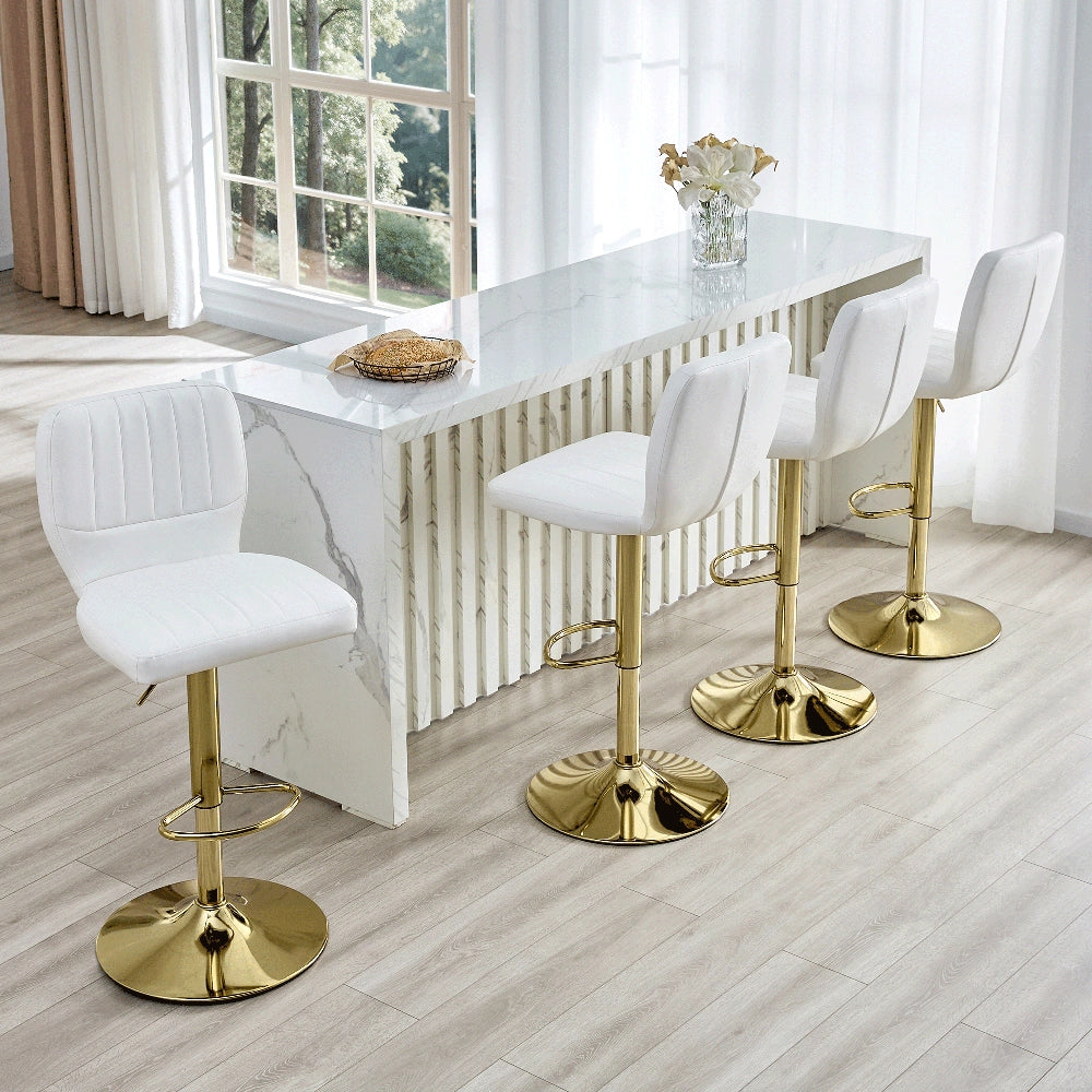 Sgabello da Bar Regolabile ¨C MINIMAL ¨C Similpelle Bianco Oro, Schienale, Girevole 360¡ã