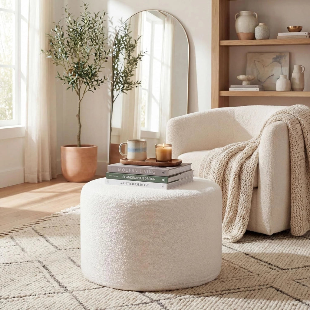 Pouf Ottomano Imbottito, Ø45 x 35 cm Poggiapiedi Rotondo con Tessuto in Filato Bouclé, Schiuma Morbida e Rivestimento Removibile, Poggiapiedi Divano per Camera da letto e Soggiorno, Beige