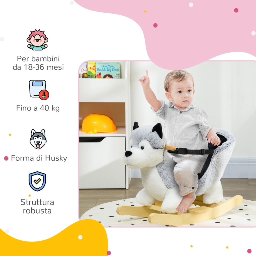 Cavallo a Dondolo a Forma di Cane Husky per Bambini da 18-36 Mesi, 60x33x50cm, Grigio