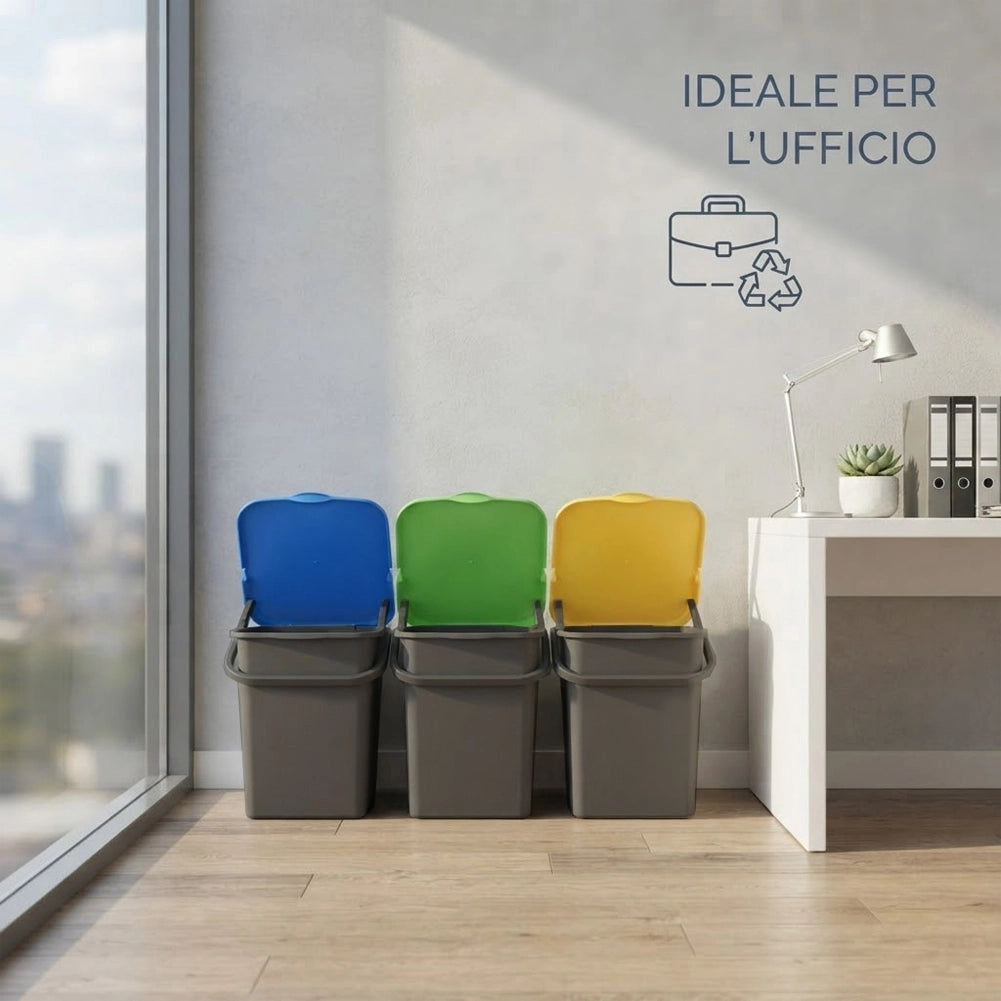 Set 3 Pattumiere Bidoni 32x29x46,5cm Premi Plus 24L Apertura Push Raccolta Differenziata in Plastica Grigio