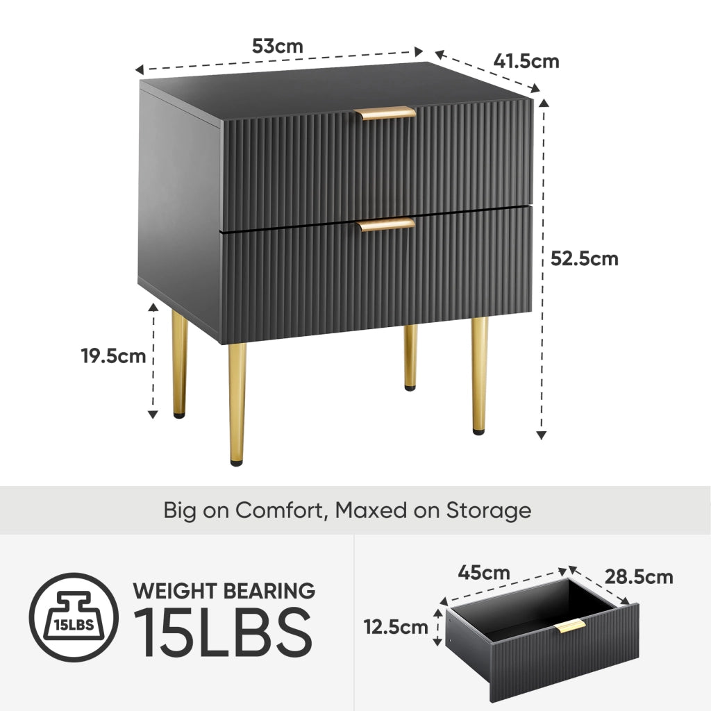 Comodino nero moderno con 2 cassetti, struttura in MDF e gambe in metallo