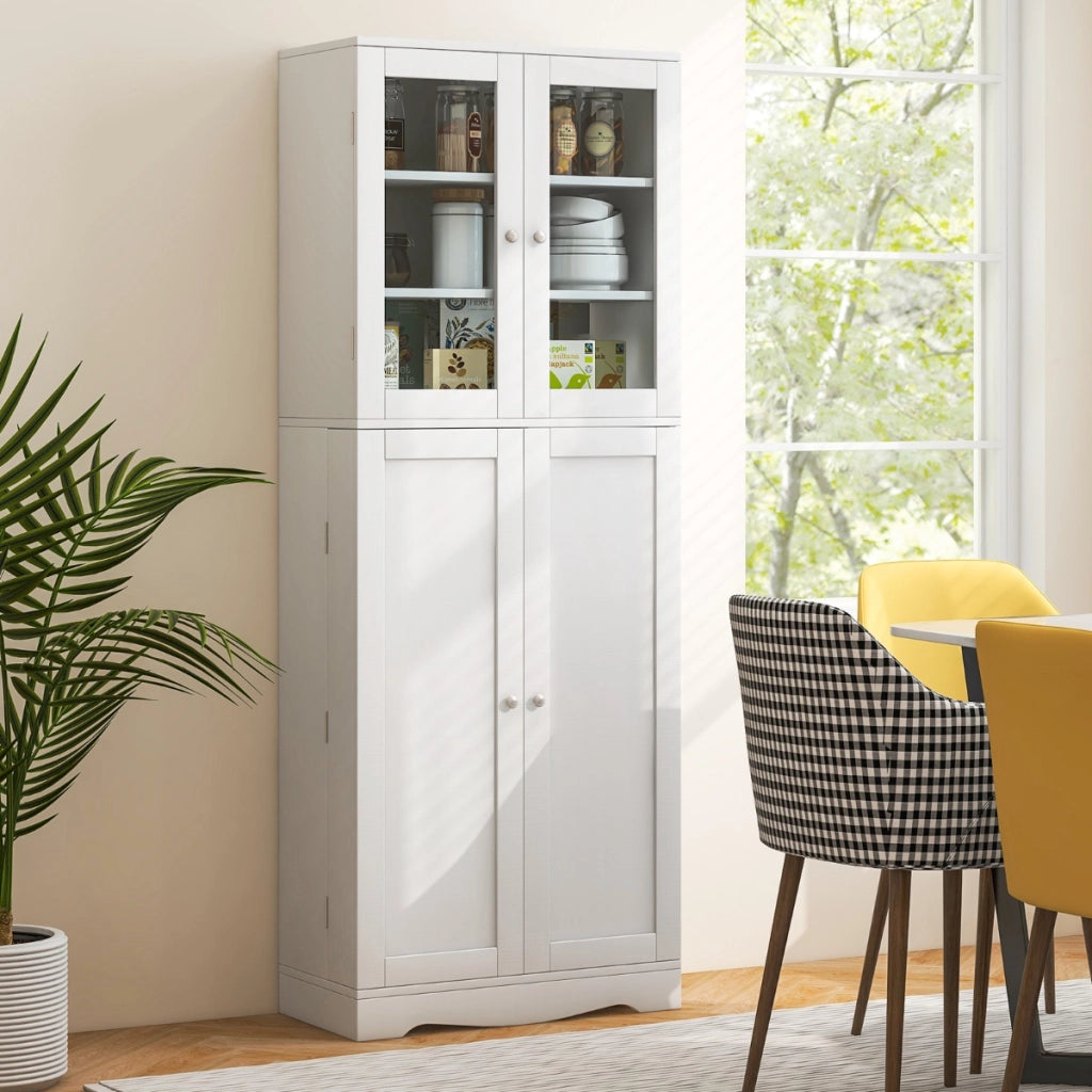 Mobile dispensa da cucina alto 161,5cm con ante in vetro ripiani di stoccaggio, Armadio dispensa per alimenti Bianco-Credenze buffet