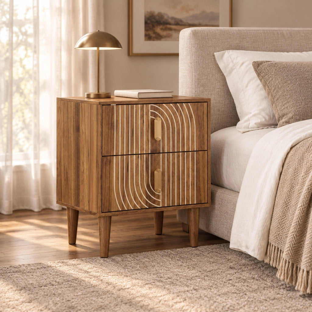 Comodino boho con 2 cassetti; inserti geometrici e gambe in legno; marrone noce