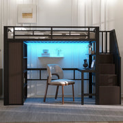 Letto a soppalco singolo 90×200 cm con scrivania; ripiani; LED e scale contenitore; senza materasso; metallo; nero