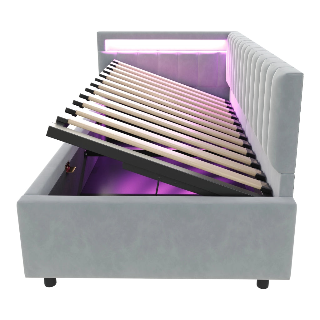 OKWISH Letto Divano 90×200 cm, Letto Singolo con LED Regolabile, Vano Contenitore Idraulico e Testiera Reversibile, senza Materasso, Grigio