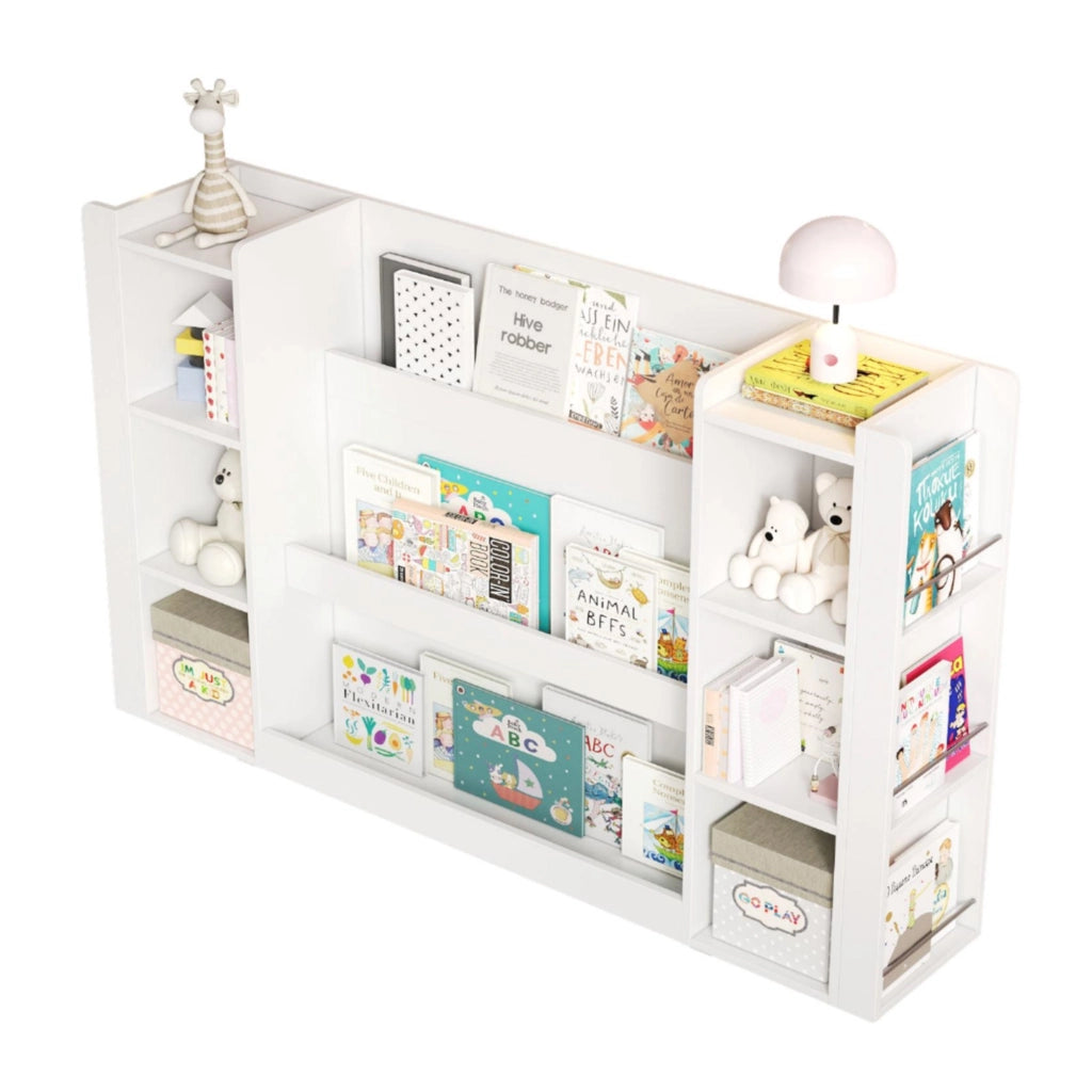 Libreria per bambini con contenitori, scaffale porta libri e giochi, mobile in MDF bianco 140 x 30 x 95 cm