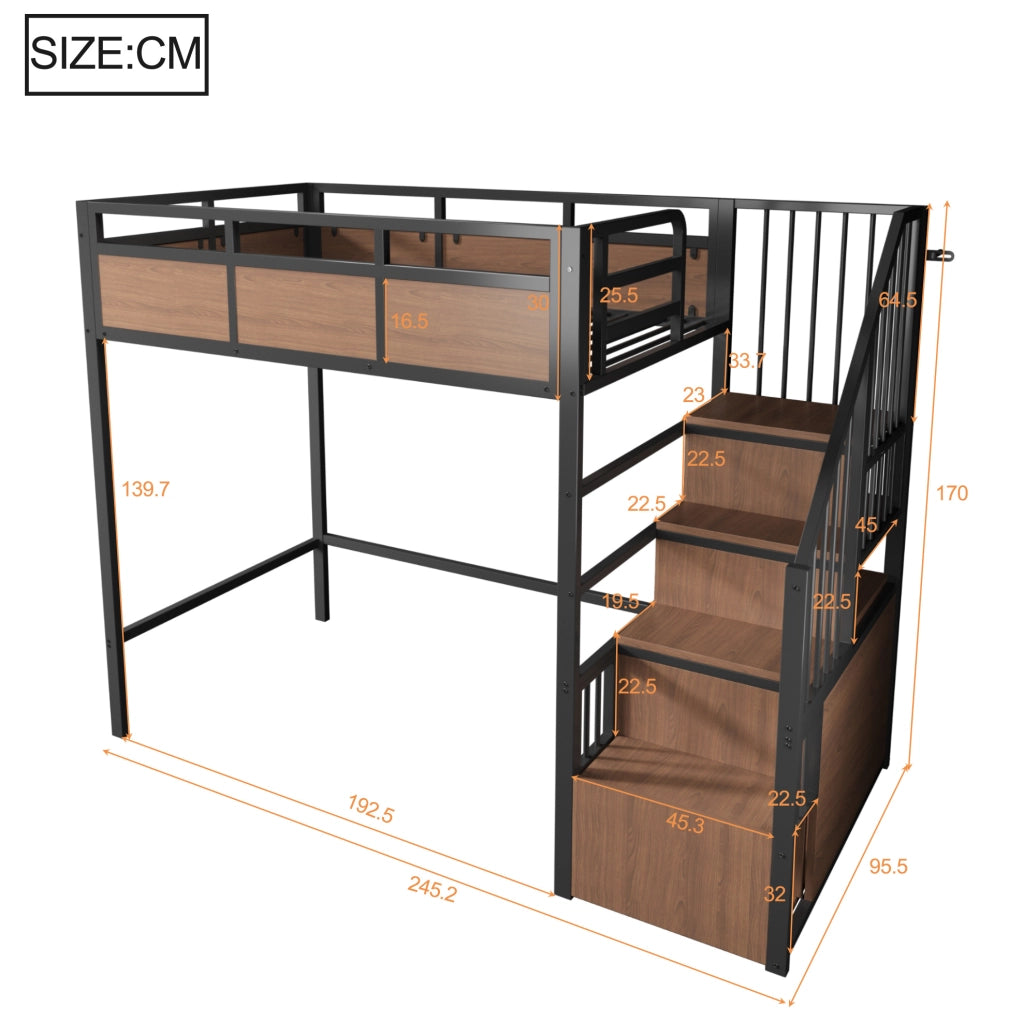 Letto a soppalco in metallo 90x200 cm con LED; scala contenitore e protezioni alte; nero