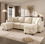 Divano letto angolare a U in chenille beige con contenitore, USB e Type-C
