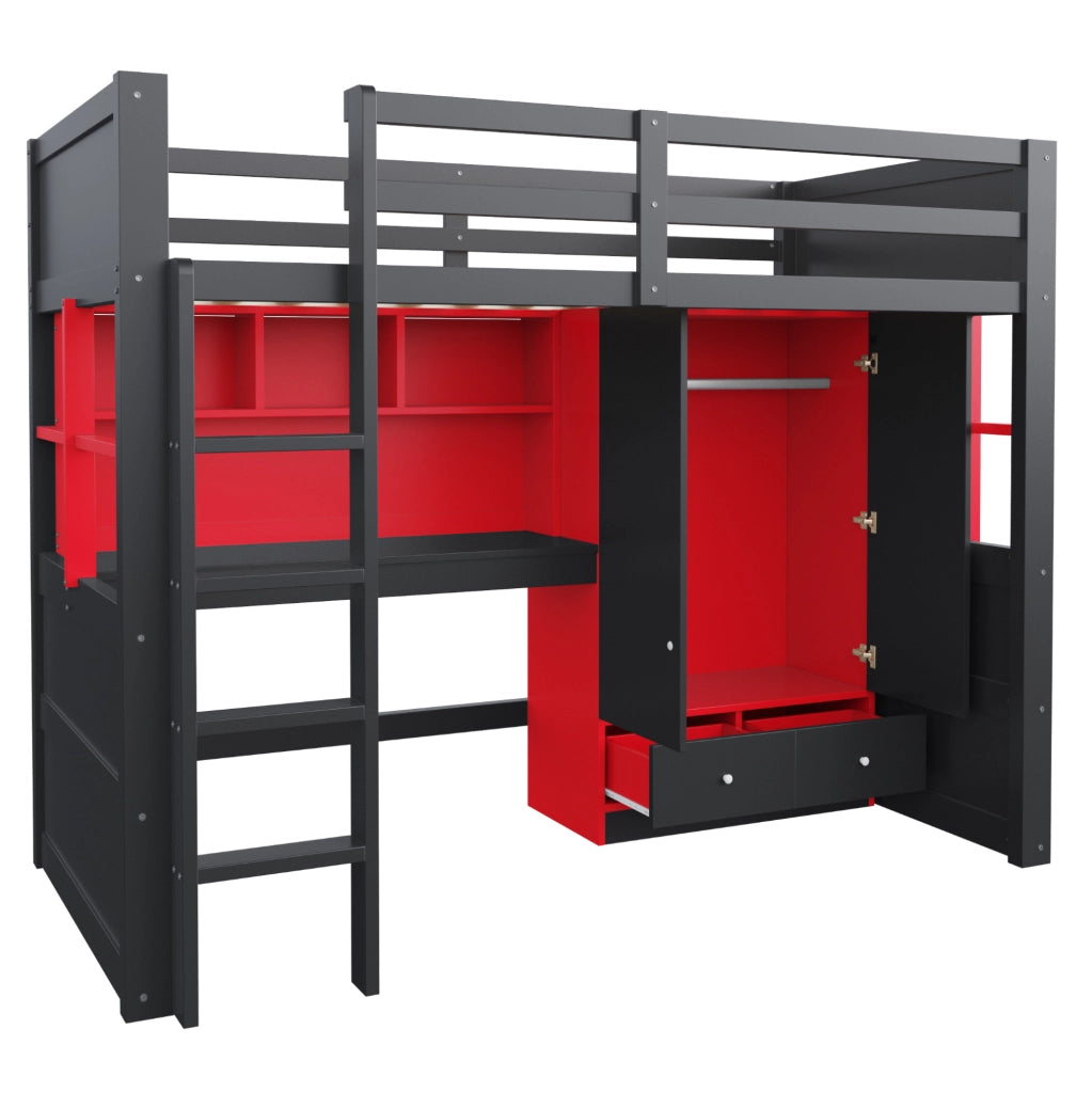 Hochbett in stile gaming 90x200 cm con scrivania; armadio e cassetti; nero rosso