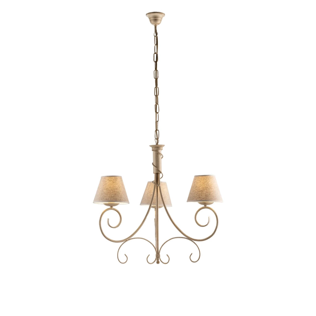 Lampadario 3 Luci Vienna Ferro Avorio E Oro Con Paralumi In Pvc