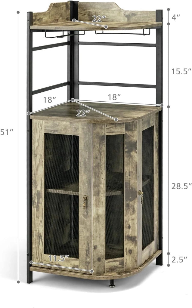 Armadietto angolare da bar con supporto in vetro, armadietto industriale per vino con ante in rete metallica e ripiano regolabile, armadietto da buffet con kit anti-ribaltamento, per casa