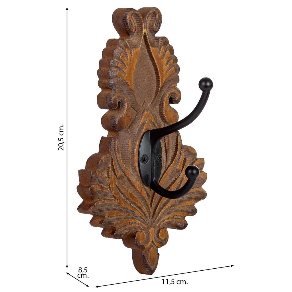 Appendiabiti da parete in legno intagliato marrone 11,5x8,5x20,5h cm