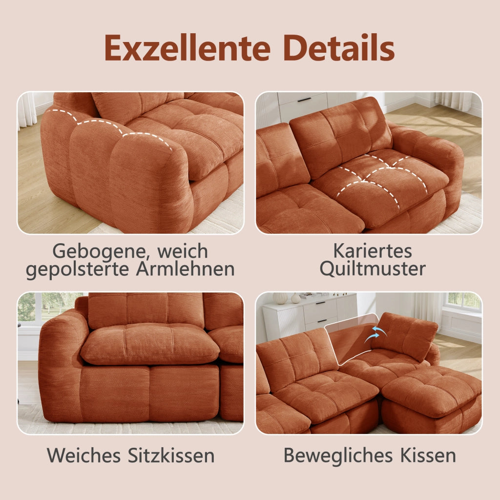 Divano modulare senza struttura 3 posti con cuciture a quadro cuscini ergonomici in chenille arancione per relax