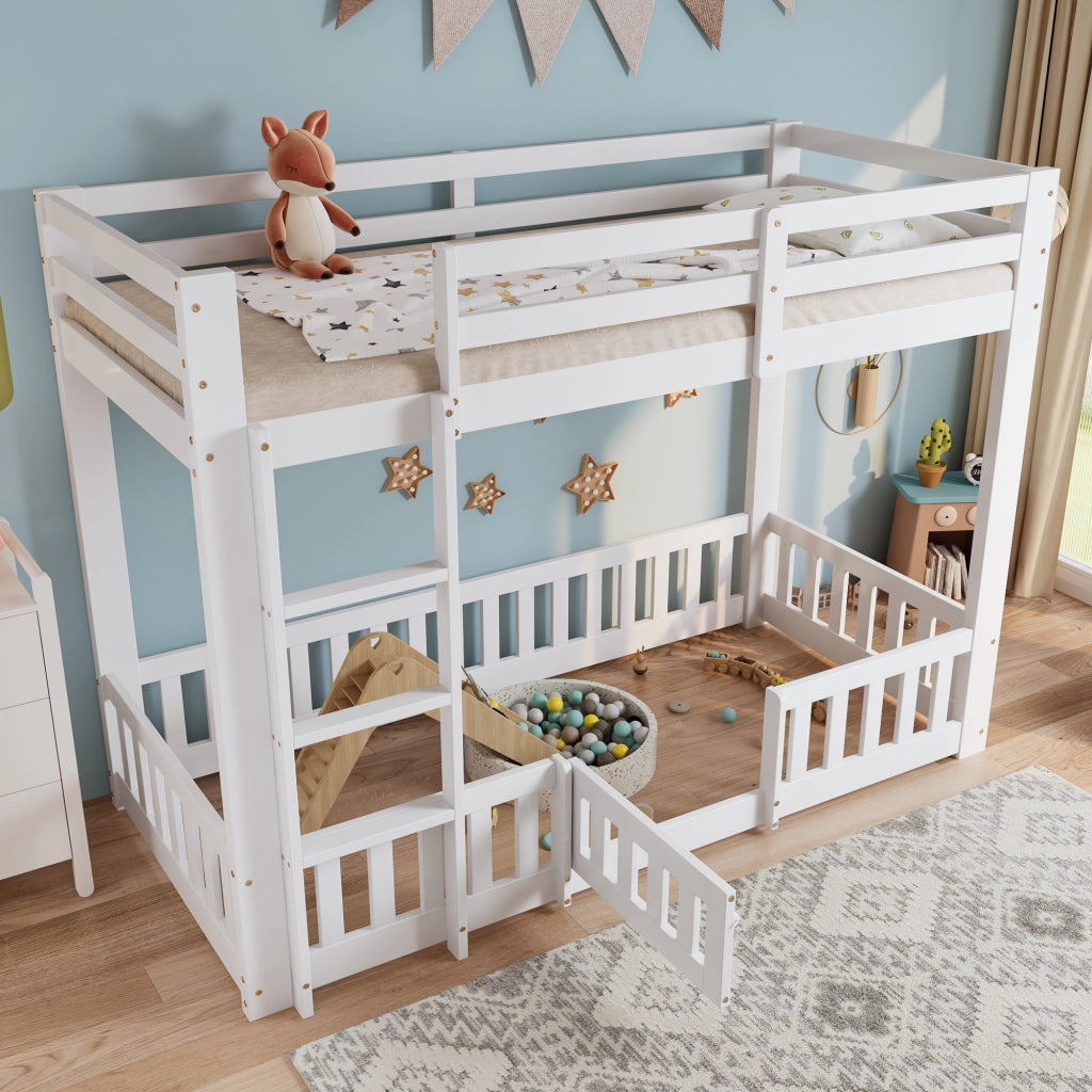 LETTO A CASTELLO 90x200 cm Bianco in legno massello con scala dritta e porta