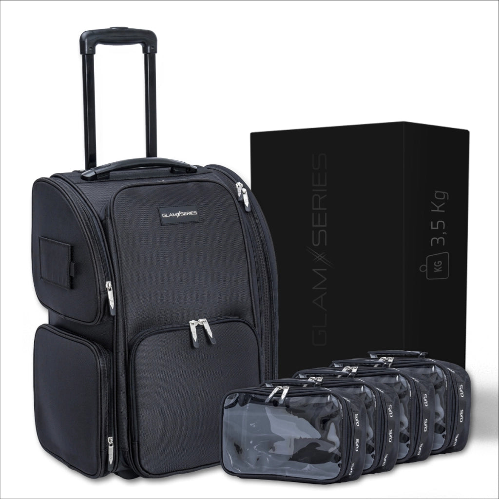 GlamSeries GlamRoller Trolley, valigia per trucco con 4 trousse, valigetta per make-up artist con scomparto con protezione termica, organizer per makeup artist, parrucchieri