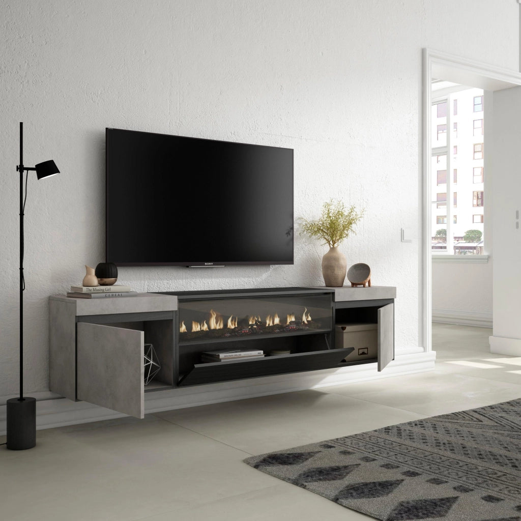 Mobile TV, 200x35x45cm, soggiorno, Per TV fino a 80", Camino elettrico, da appendere, grigio cemento RF2243