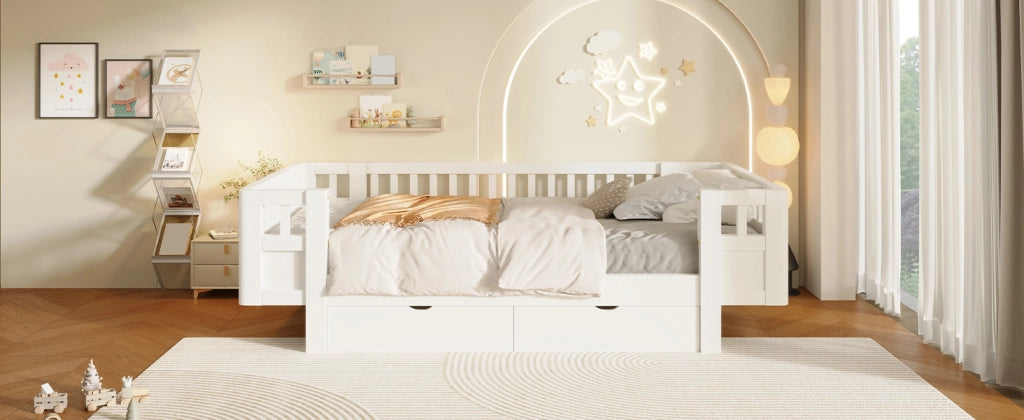 Letto a piattaforma 90 x 200 cm con sponda protettiva e due cassetti, in legno massiccio e MDF bianco per bambini