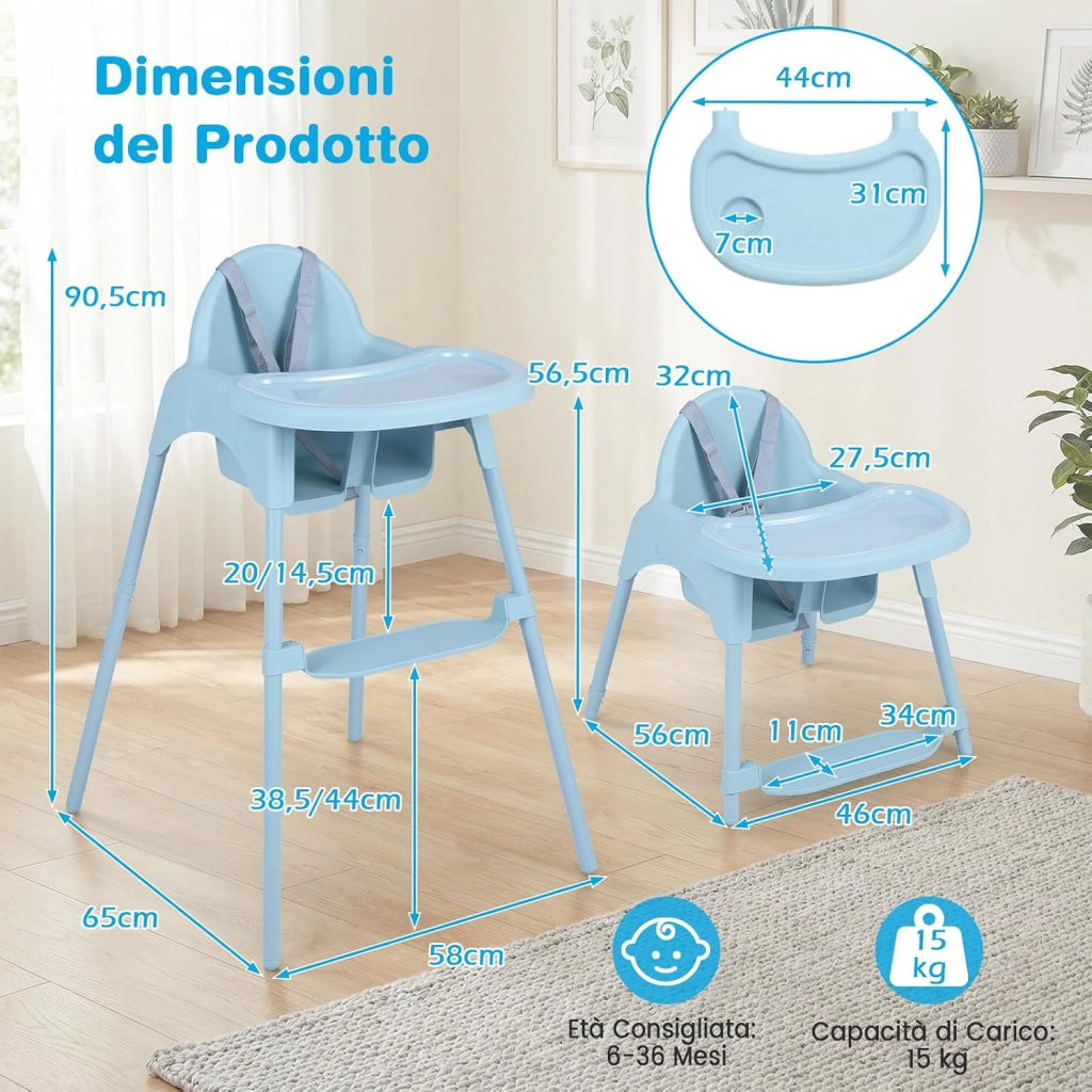 4 in 1 Seggiolone per Bambini, Vassoio Doppio Rimovibile | Cintura di Sicurezza a 5 Punti, Poggiapiedi Reversibile, per Bambini 6-36 Mesi