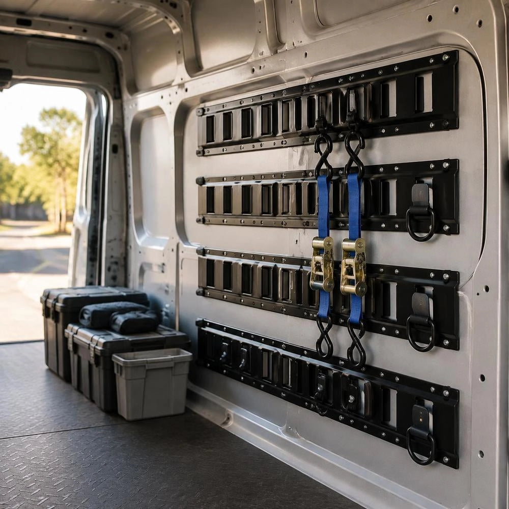 E-Track Tie-Down Rail Kit, 4 Pack 1.3 Ft E Tracks Set, 21 Pcs Includes 2 Ratchet Straps & 4 O-Rings & 4 Tie-Offs With D-Ring & 2 Single Slots & 8 End Caps & 1 Bag, Fit For Garages Vans Trailers