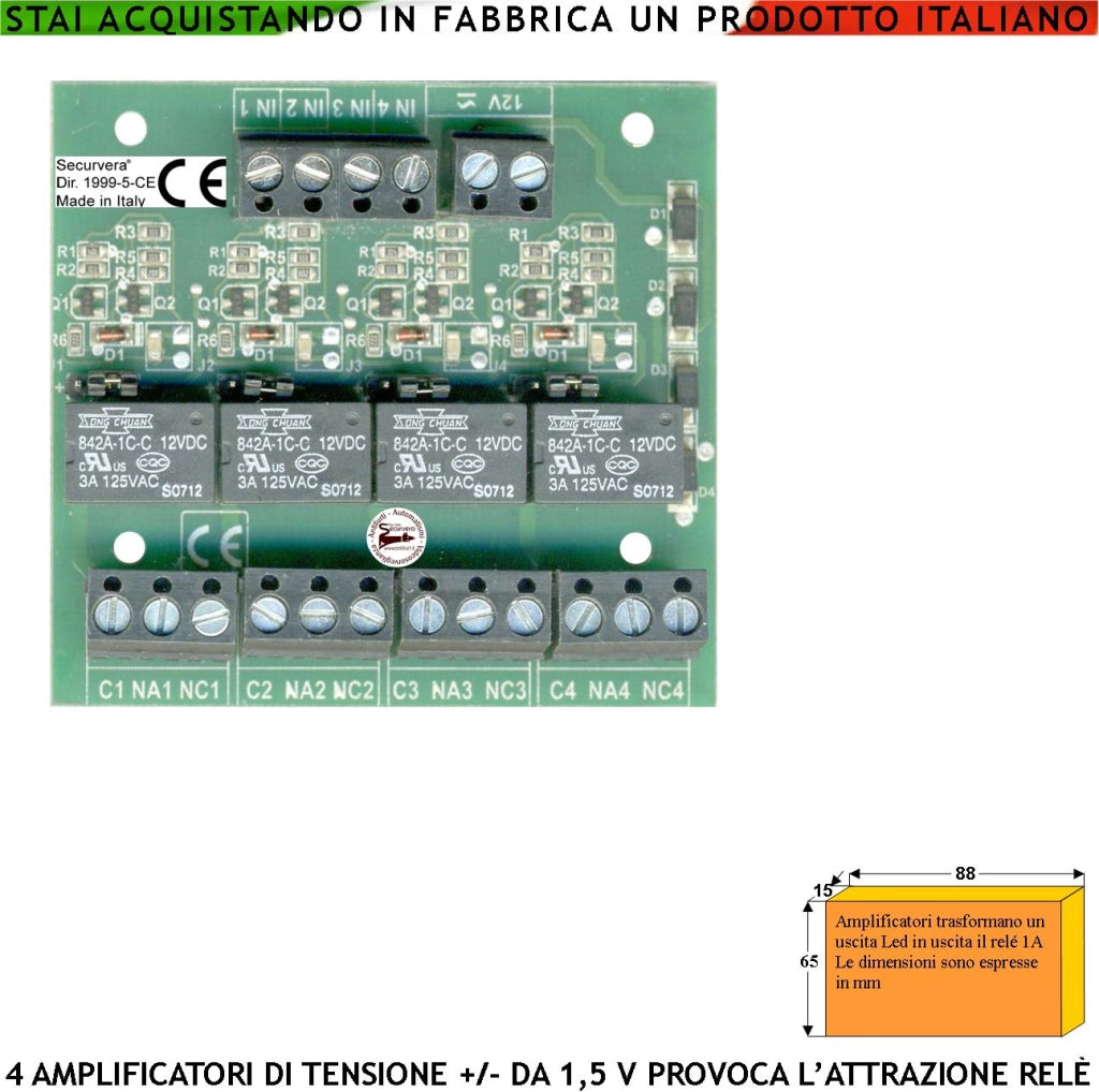 Rileva Tensione Positiva o Negativa Per Accensione Led Spia Della Stessa Alimentazione di 12 Vcc 4 Ingressi Controllo Tensione +/- da 1,5 V si Eccita il Rispettivo Relè di Uscita a Scambio Libero 1 A