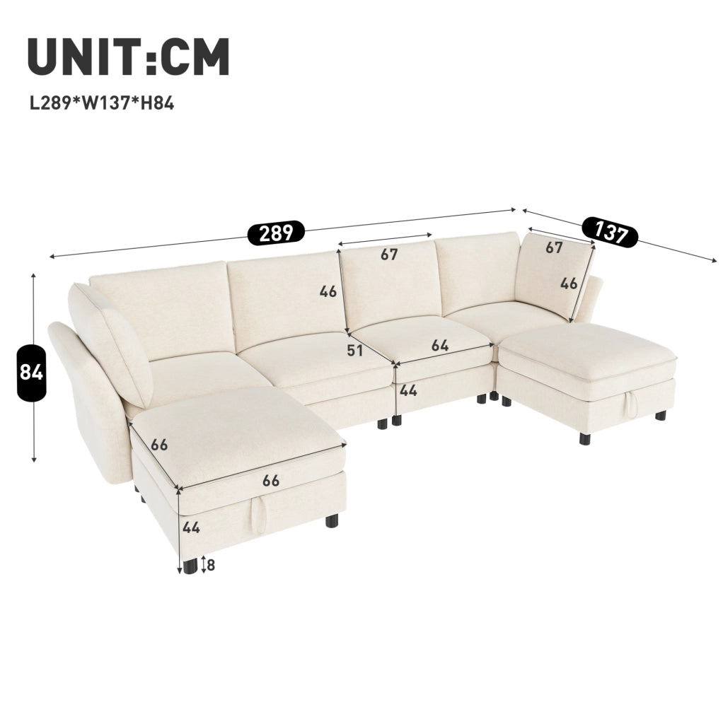Divano modulare a U 6-7 posti con 2 pouf contenitore; 289x137x84 cm; chenille beige