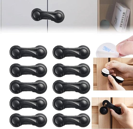 10 pezzi di serrature in plastica per armadi, cassetti, cassetti, porte del frigorifero, serrature per bambini per armadi, serrature adesive per bambini, mobili della cucina e serrature per bambini (nero)