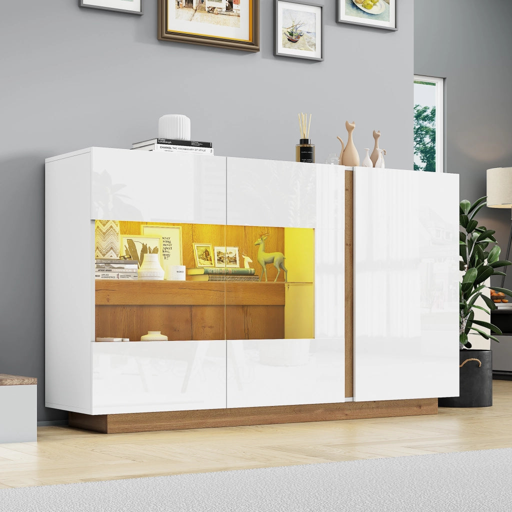 Credenza con 3 ante; illuminazione LED e inserti in vetro - 138x38.5x90.5 cm - bianco