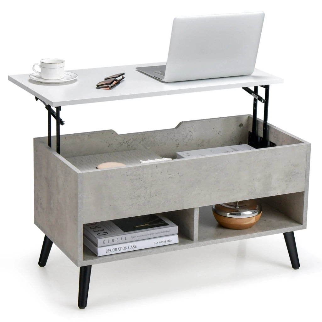 Tavolino da caff¨¨ moderno con scomparto nascosto e 2 scaffali aperti, Tavolino in legno per soggiorno Grigio-Tavolini da salotto