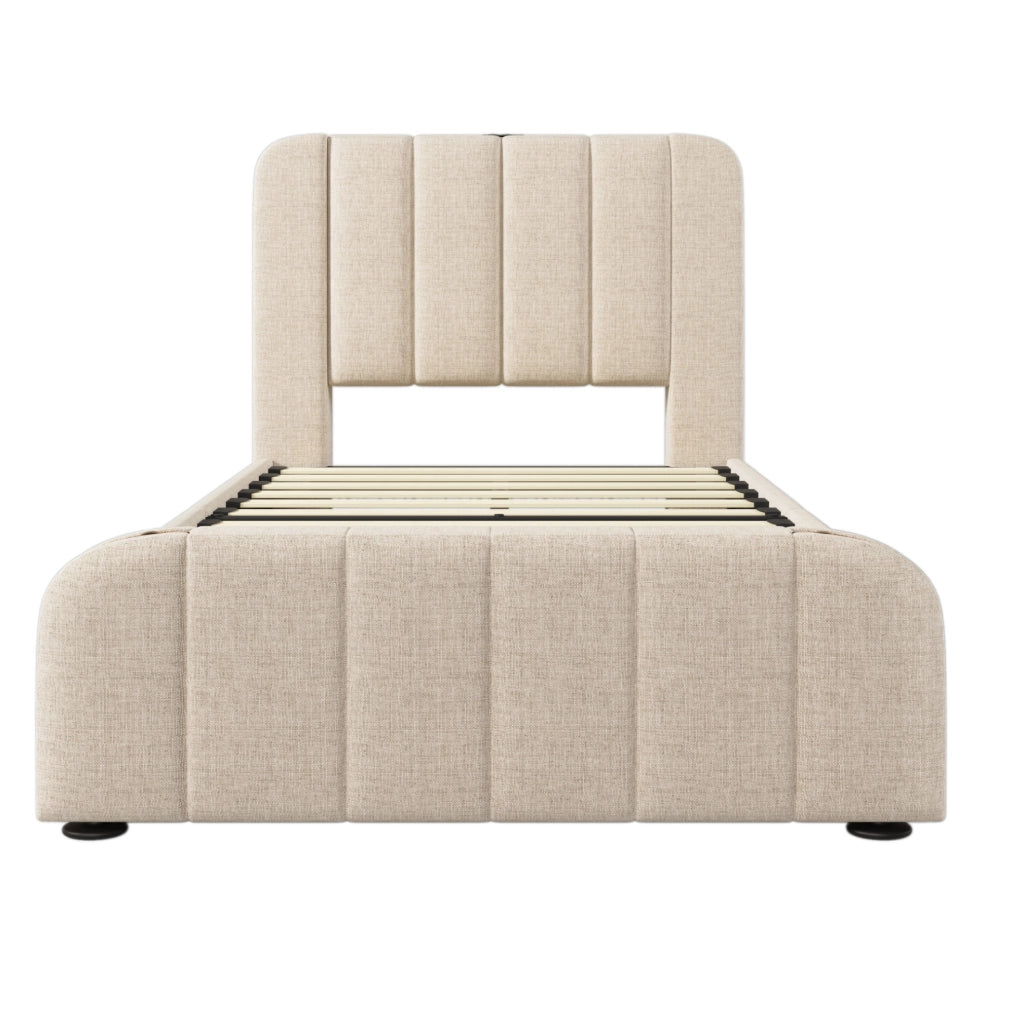 Letto singolo imbottito 90x200 cm con USB e USB C; 4 cassetti; lino beige