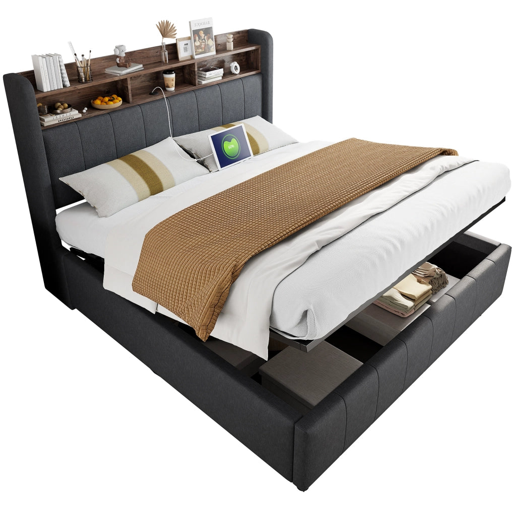 Letto imbottito 160x200 cm grigio con LED, USB e vano contenitore