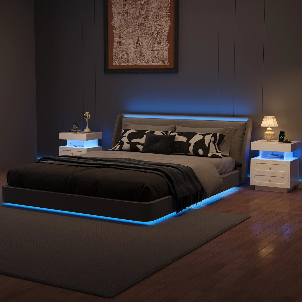 Comodino con LED, 2 cassetti e 1 vano aperto, per camera da letto, in truciolato, bianco, 100 × 40 × 60 cm