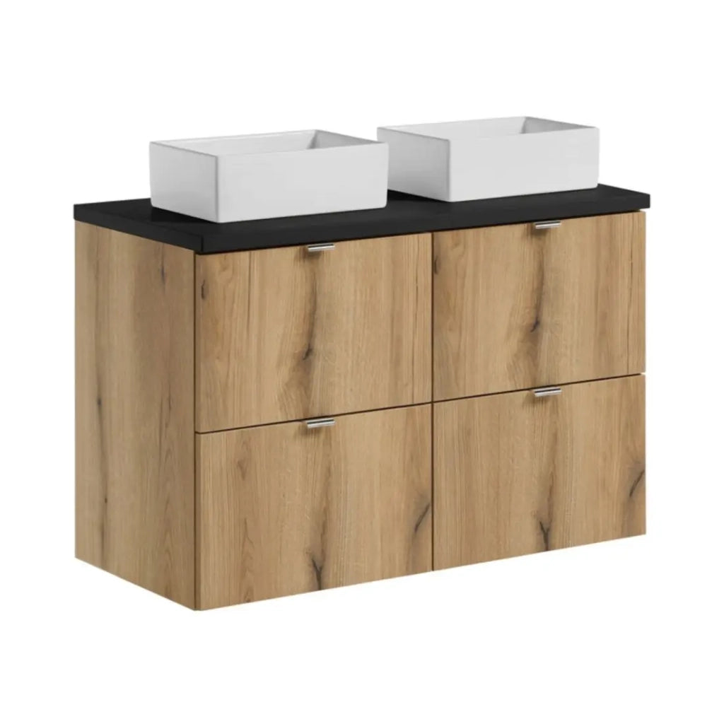 Set VANO in rovere e nero 100cm: mobili sottolavabo con cassetti + piano per lavabo + lavabi rettangolari da appoggio