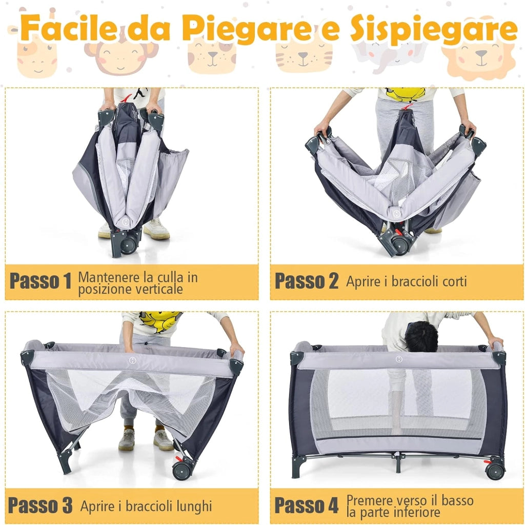 Lettino Campeggio per Bambini, Lettino da Viaggio Pieghevole con Fasciatoio, Culla Lettino per Neonati, con Giocattoli, Zanzariera, Box Portatile con Borsa, per Bambini 0-36 Mesi (Grigio)