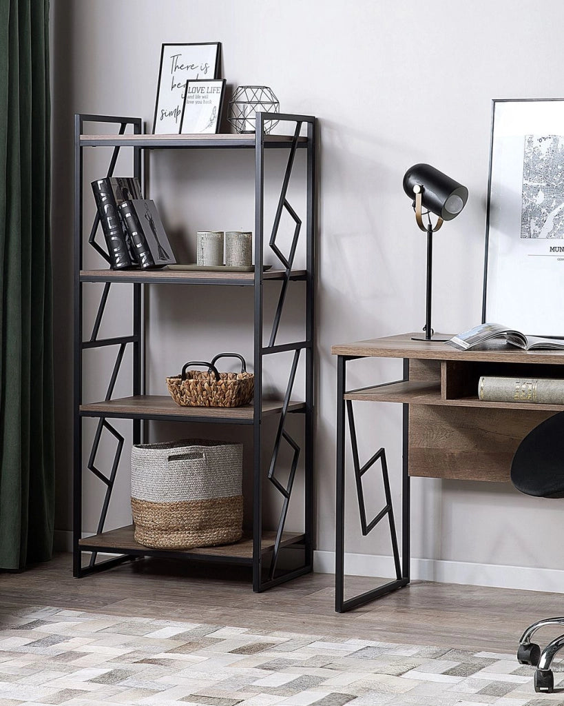 Libreria a 4 ripiani Scaffale industriale minimalista con struttura in metallo Nero e legno scuro