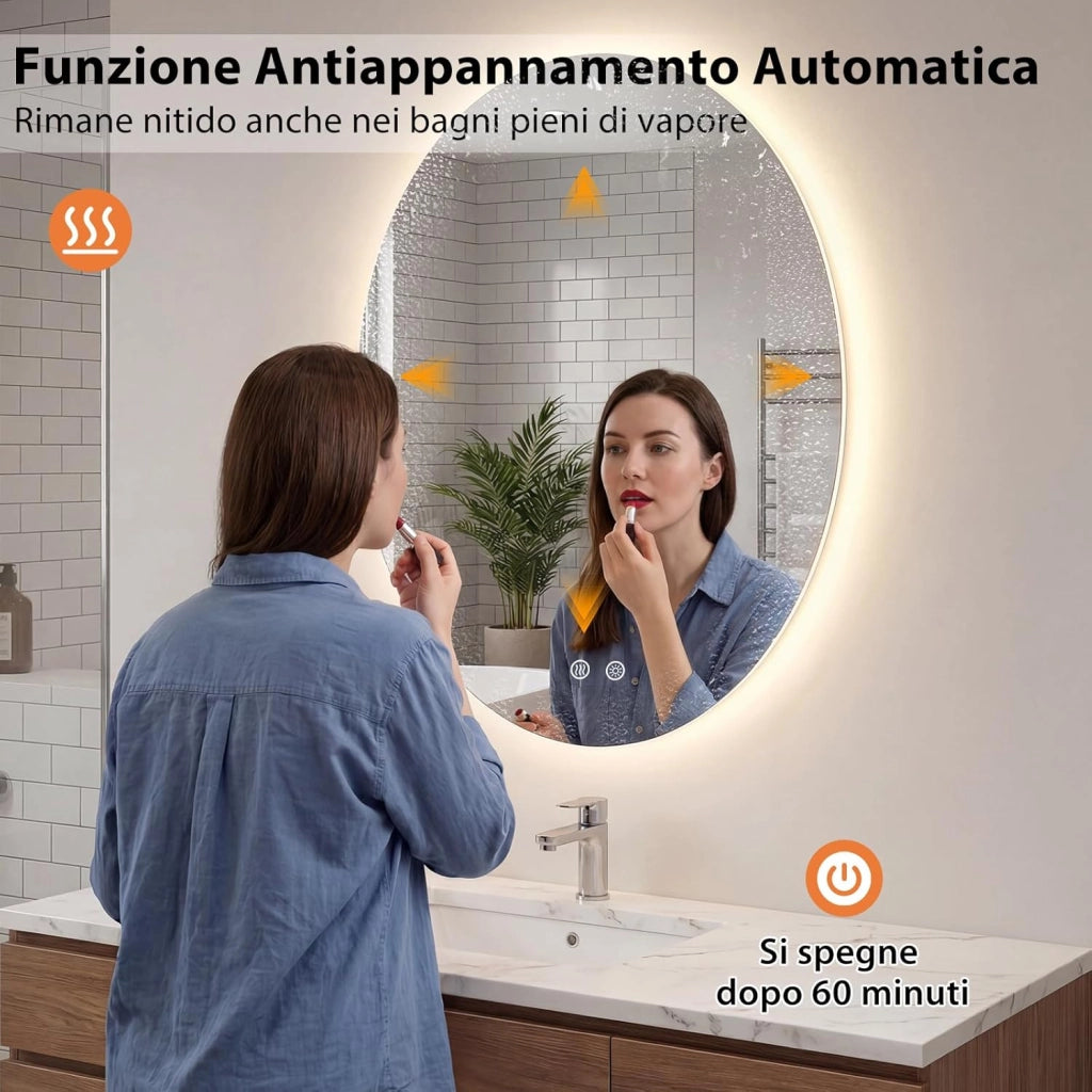 Specchio da Bagno Ovale 70 x 50 CM, Specchio da Toeletta con Luce LED, Antiappannamento, 3 Colori di Luce Dimmerabili, Funzione Memoria e Vetro Temperato Infrangibile per Ingresso