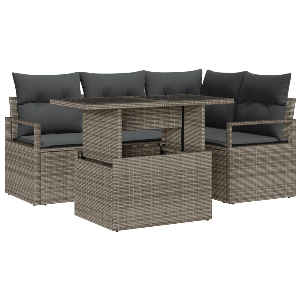 Set Divano Giardino 5 Pezzi con Cuscini Grigio in Rattan Poliestere
