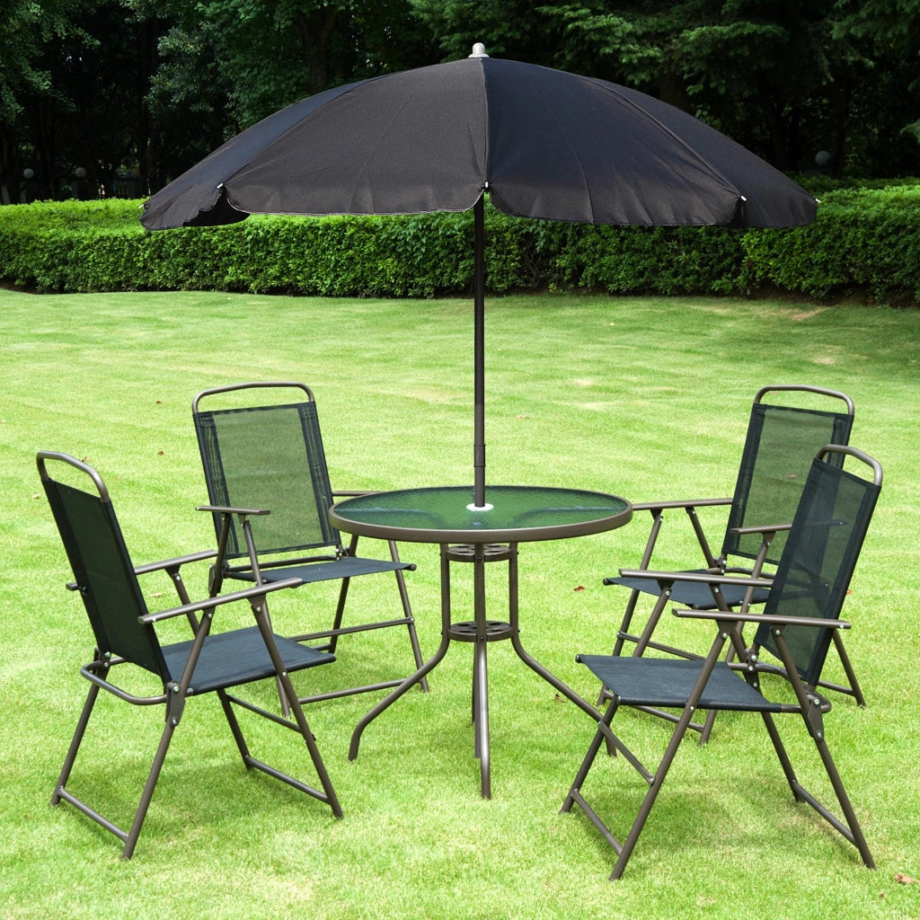 Set giardino 6 pezzi con tavolo rotondo, 4 sedie pieghevoli e ombrellone ¨C zephmum ¨C nero, metallo, tessuto