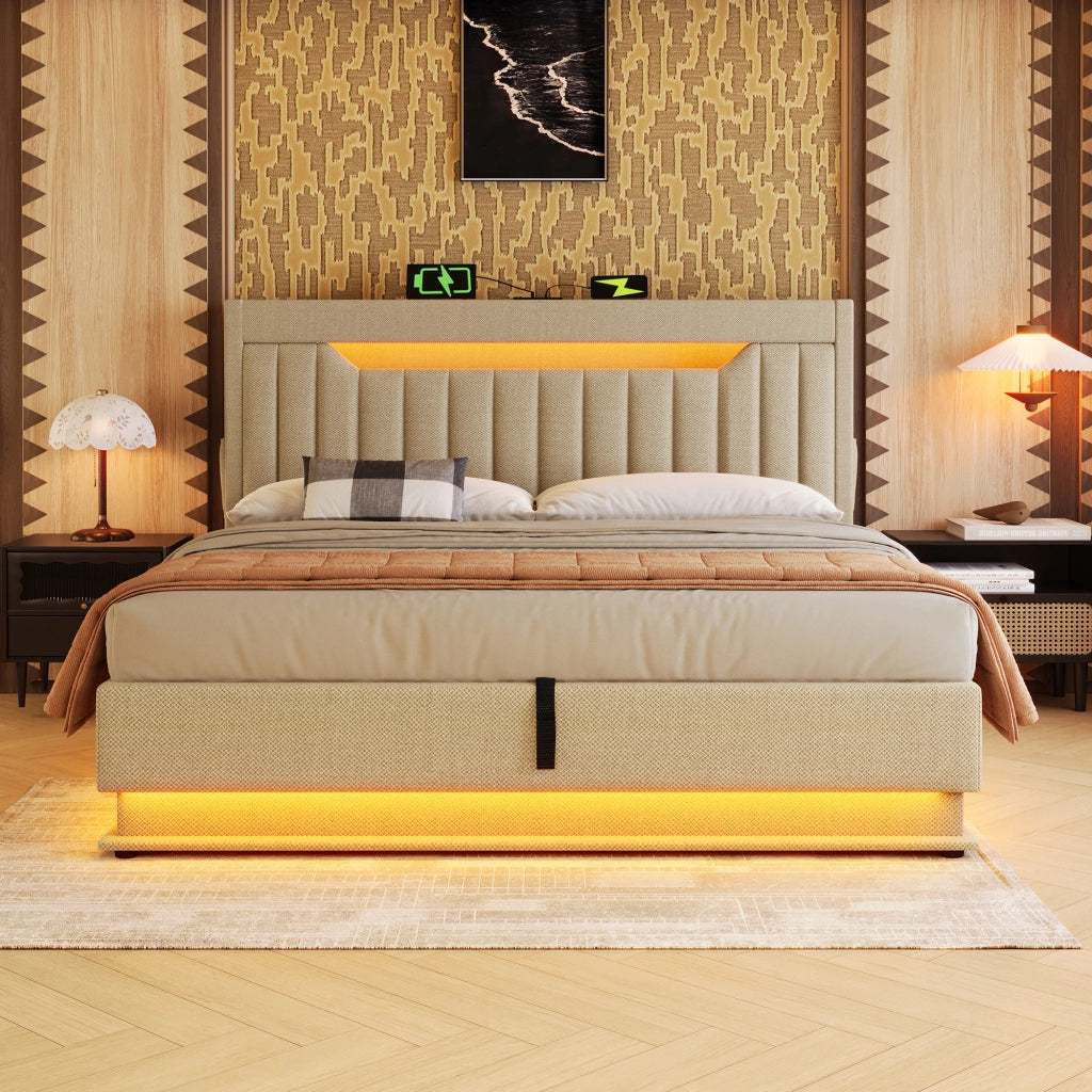 Letto matrimoniale imbottito 180x200 cm con contenitore, testiera con ricarica USB e Type-C, luci LED, beige