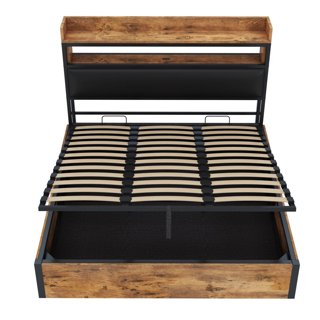 DESMIU Letto contenitore 180 × 200 cm 2 posti con USB e vano, senza materasso, in metallo e legno, nero