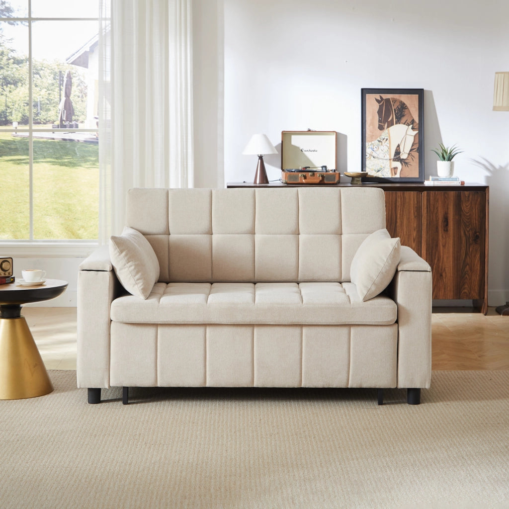 Divano letto convertibile 2 posti con vano nei braccioli e tasche laterali, struttura in metallo, ciniglia beige