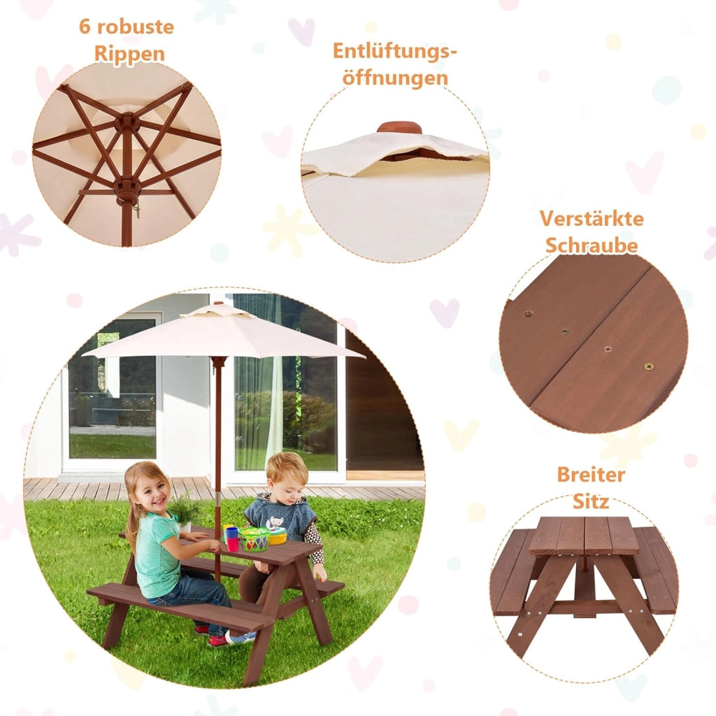 Set di mobili da giardino in legno per bambini, con ombrellone, tavolo da picnic per bambini con protezione UV e impermeabile, tavolo da giardino e panca, set di mobili da giardino per esterni