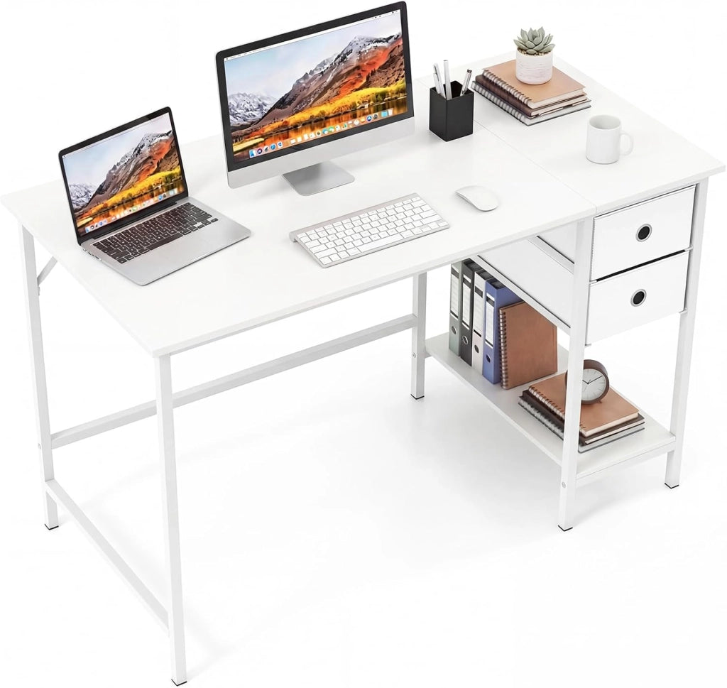 Scrivania per Computer, 120 x 60 x 75 cm, Scrivania Ufficio con 2 Cassetti e Ripiano, Tavolo Postazione di Lavoro, Studio e Lettura, Scrittoio Salvasapzio in Legno e Metallo (Marrone)